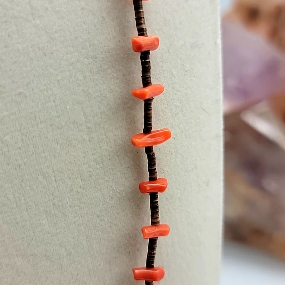 Navajo Branch Coral Heishi Beaded Sterling Silver Closure Single Strand Necklace